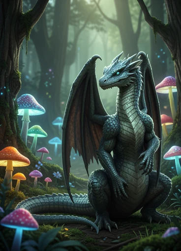 Training sample A: a black dragon in a mushroom forest