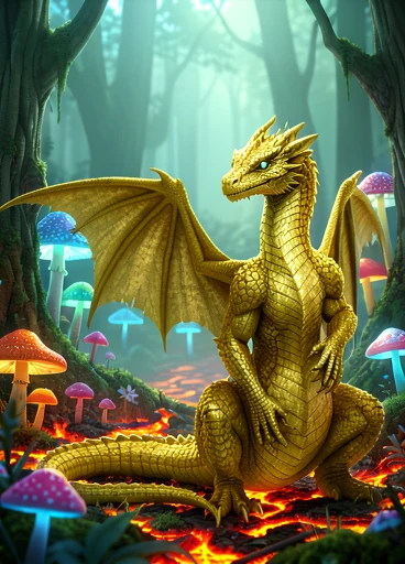 A prime: the dragon gold, wings open, lava on the ground