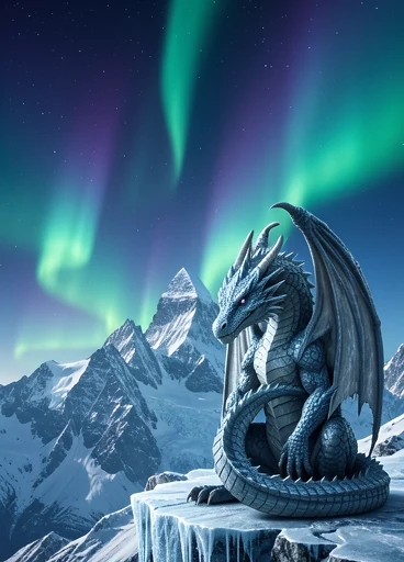B: a dragon on an icy peak under an aurora